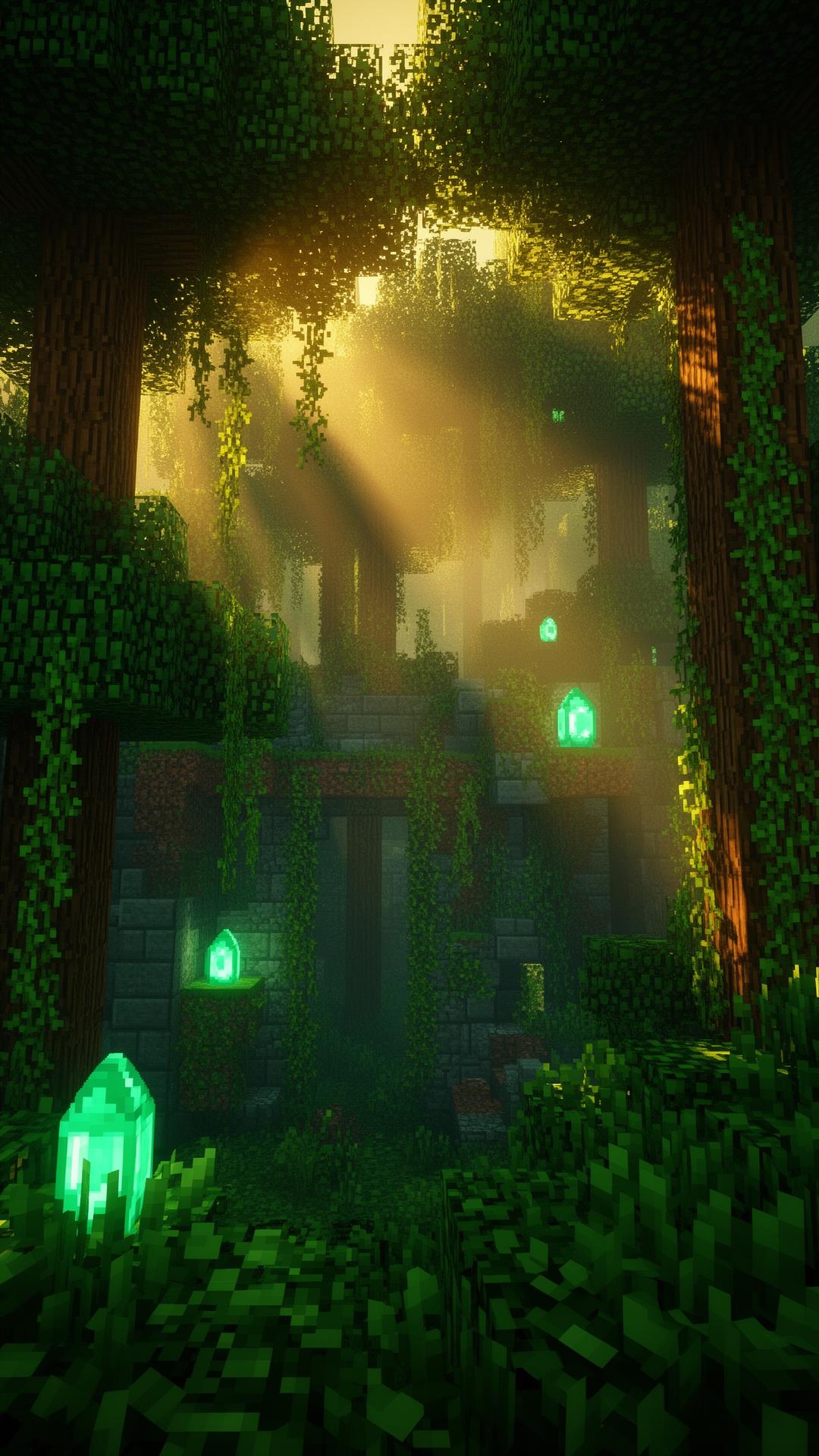 Lush Minecraft jungle with emerald glowstone crystals and golden god rays